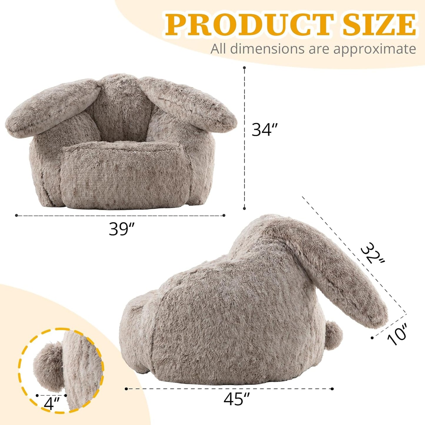 Bean Bag Chair for Adults Kids Giant Fluffy Plush Bean Bag Sofa with Filler Faux Fur Rabbit Shaped Beanbag Chairs Comfy Accent Floor Couch for Gaming, Reading in Bedroom, Living Room, Dorm