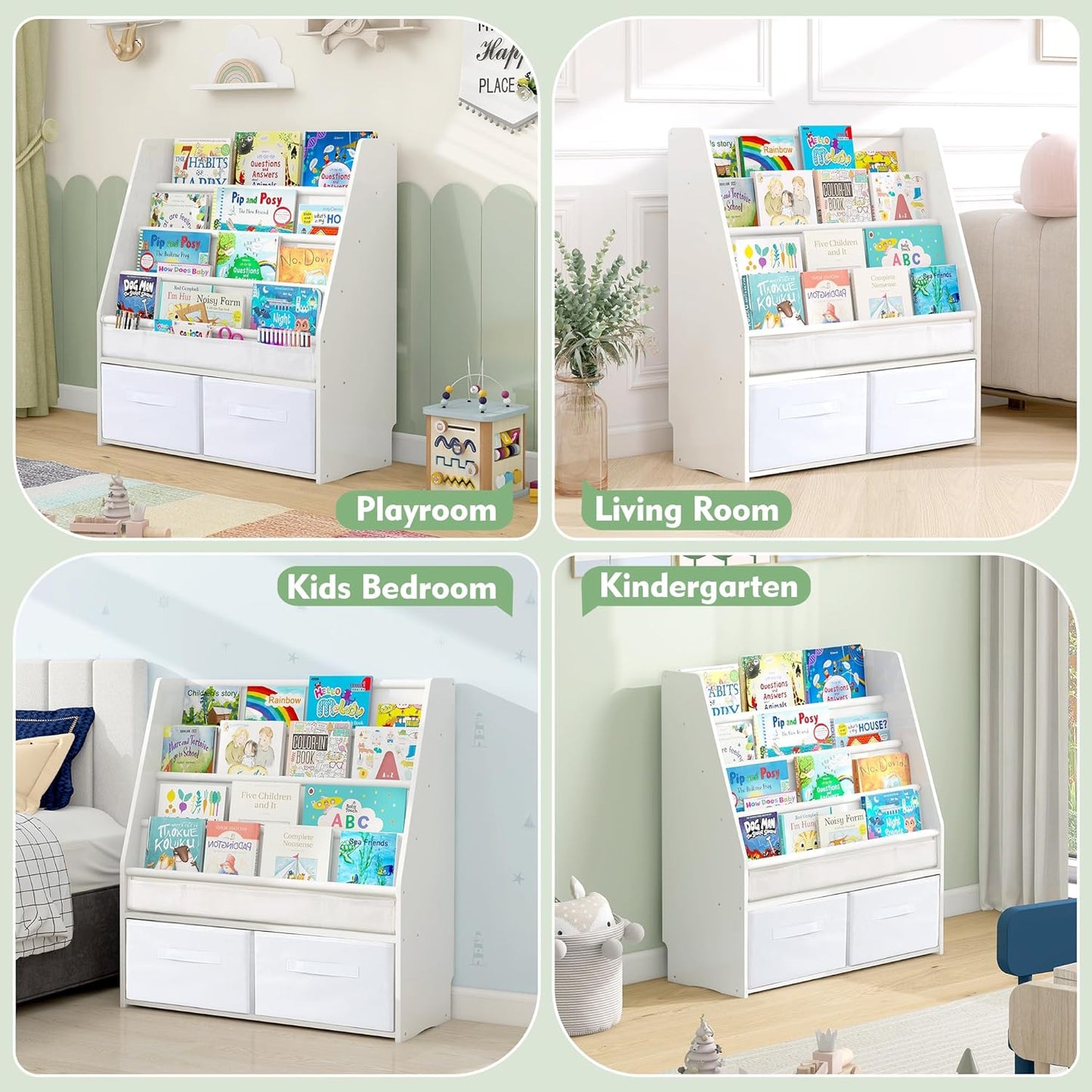 MallBest Solid Wood Toddler Bookshelf with Storage Bins – Montessori-Inspired Front-Facing Book Rack for Kids, Ages 1-5, Easy Assembly, White