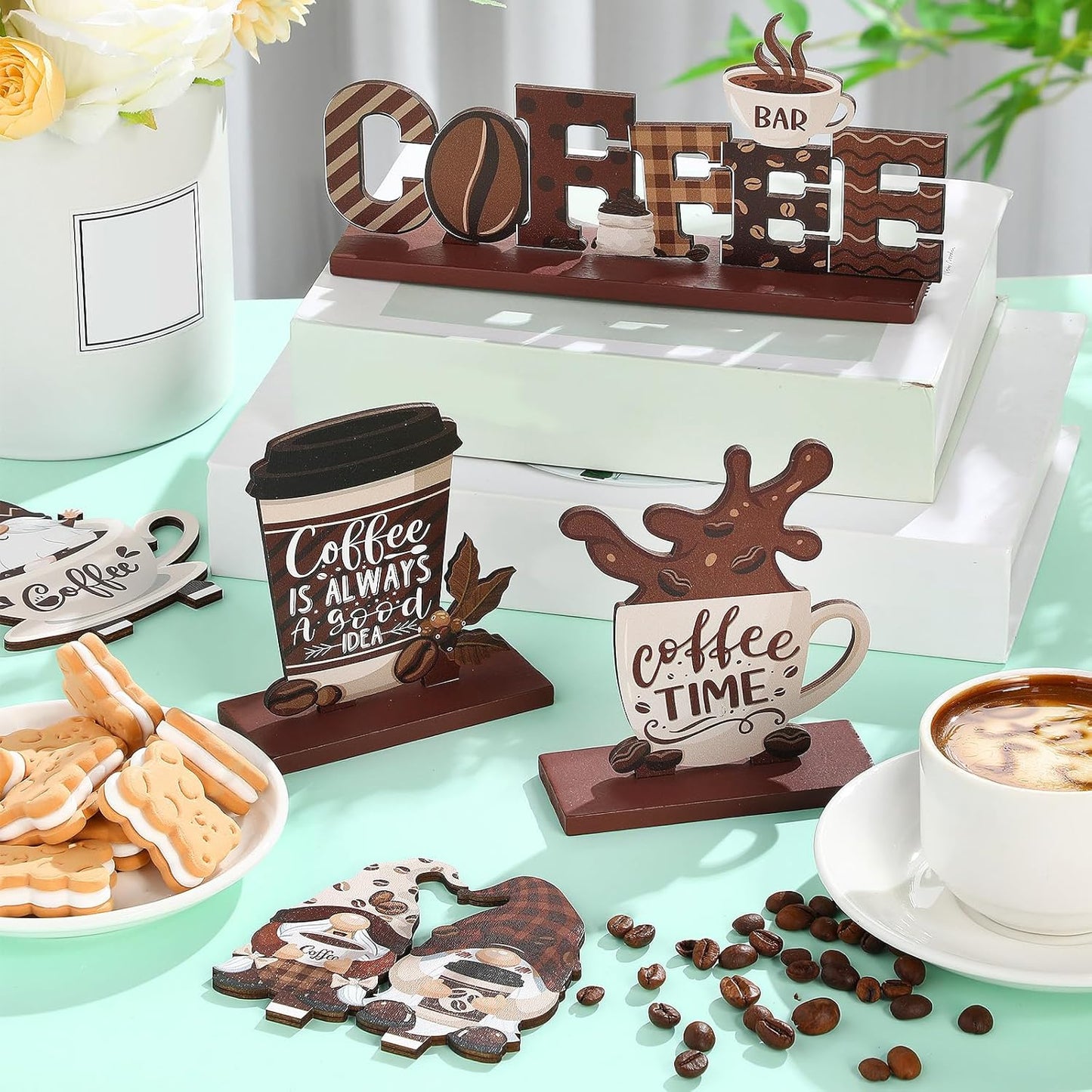 Blosssound 6 Pcs Coffee Bar Decor Sign Coffee Bar Accessories Farmhouse Gnomes Rustic Table Centerpiece Wood Tiered Tray Decor Table Signs for Home Kitchen Ornament