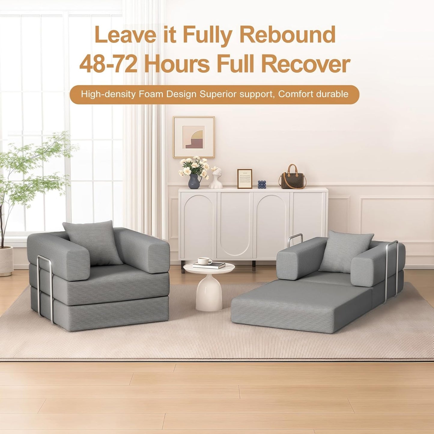 2-in-1 Floor Foldable Sofa Couch Convertible Sleeper Chaise Lounge Chair Indoor Portable Fold Out Futon Mattress with Back Support for Living Room,Bedroom (Gray, 35.43" Single Sofa)