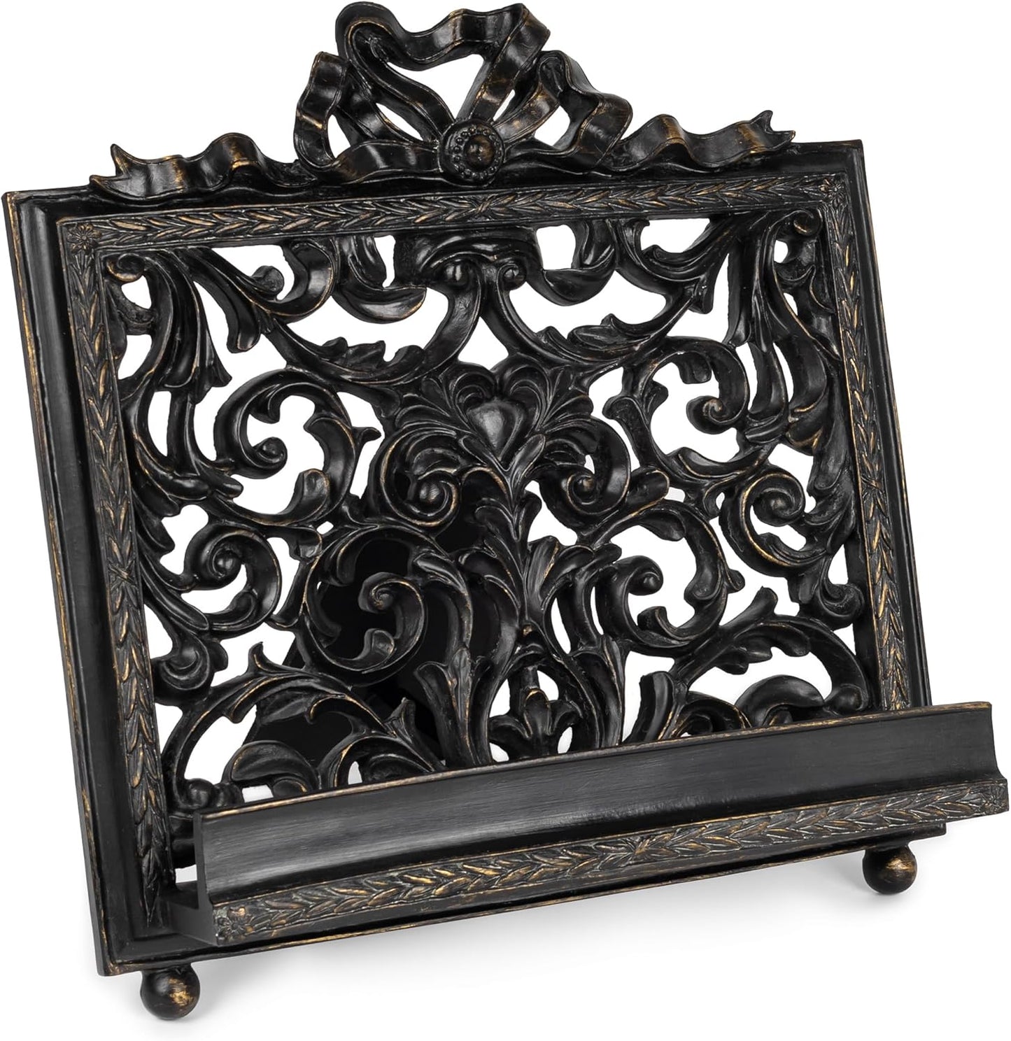 AELS Vintage Ornated Cookbook Stand for Kitchen Counter, Farmhouse Recipe Book Holder, Retro Heavy Duty Cook Book Stand, Gift Ideas, Antique Black Hollowed Decor