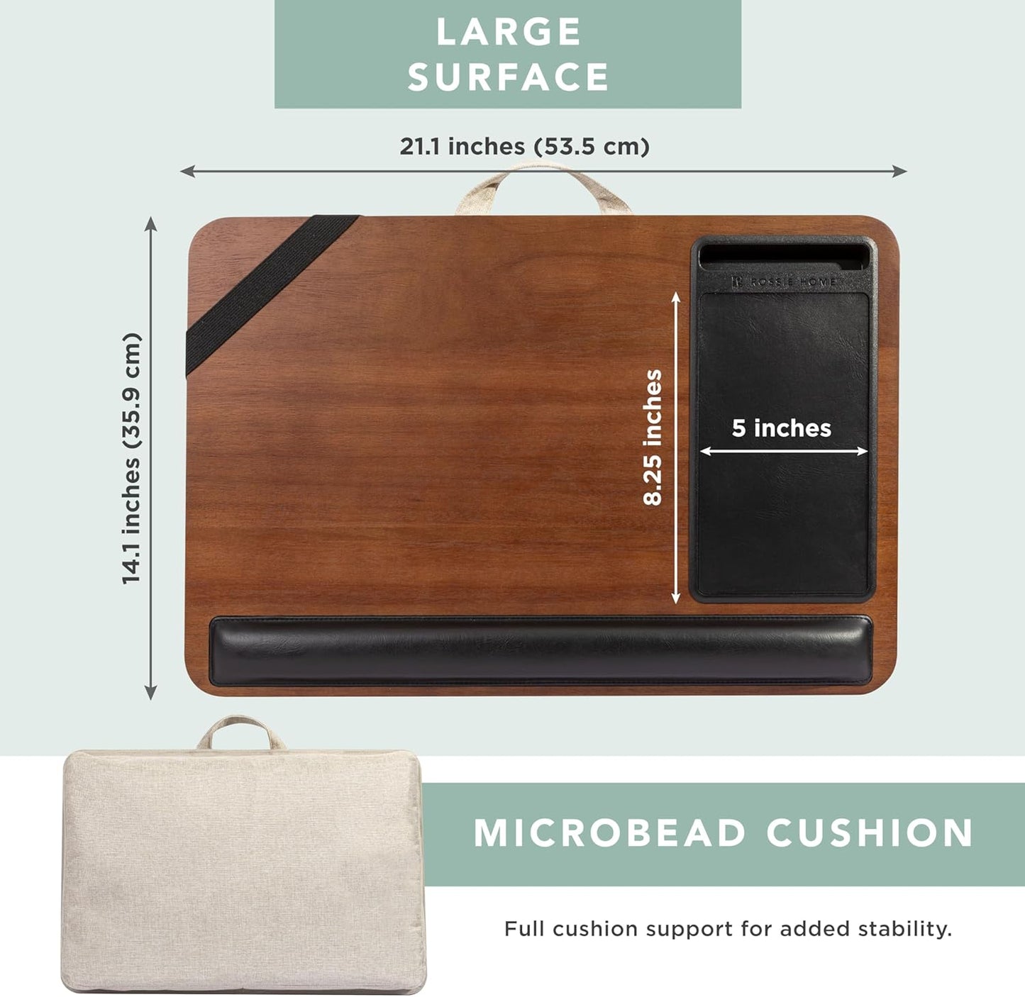 ROSSIE HOME Premium Acacia Wood Lap Desk with Wrist Rest, Mouse Pad, and Phone Holder - Fits up to 15.6 Inch Laptops - Java - Style No. 91712