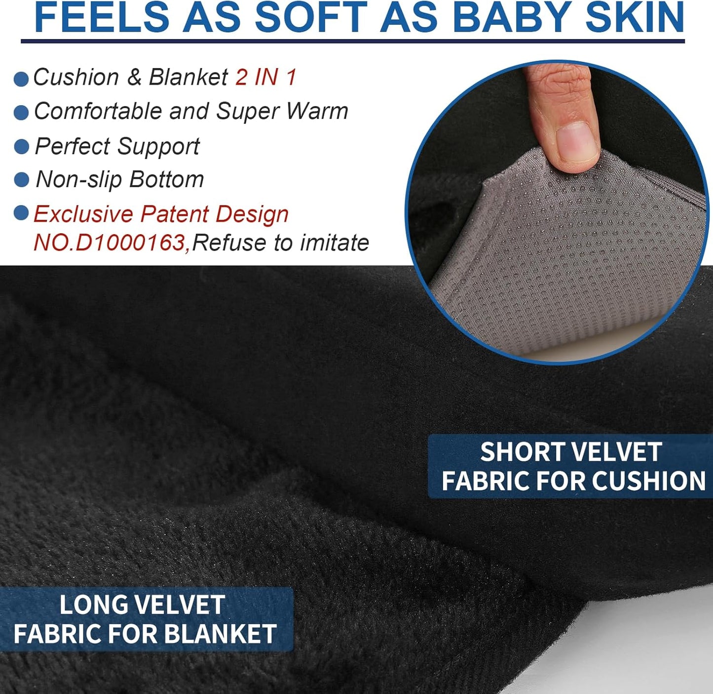 BUYUE Thickened/Leg Covering Office Chair Cushion with Blanket 2 in 1, 2" Foam Seat Cushion with Soft Fleece Foldable Legwarmer for Sitting, Non-Slip Comfort Home Desk Chair Pad, Black