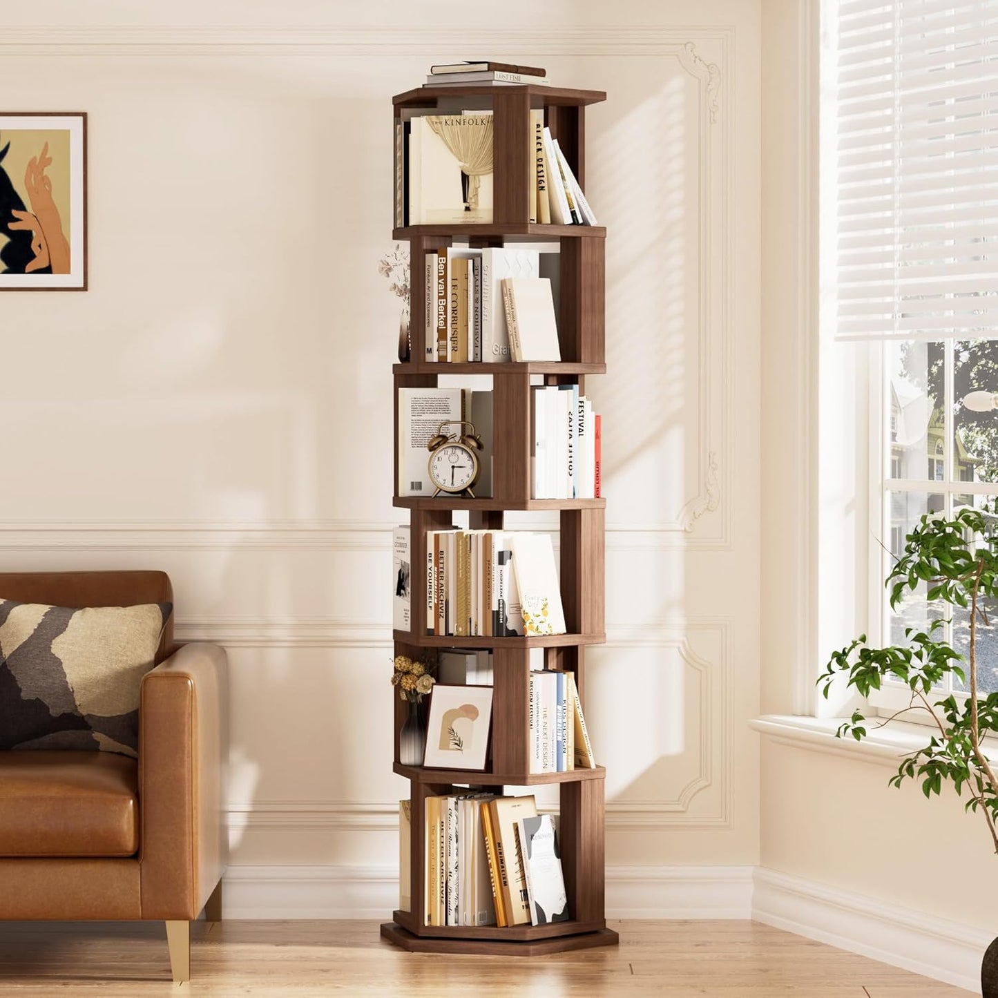 Rotating Bookshelf Tower, 6 Tier Spinning Book Shelf, Wood Round Revolving Bookcase, Narrow Rolling Bookshelves, Vertical Book Storage for Corner Small Spaces, Bedroom, Living Room,Walnut