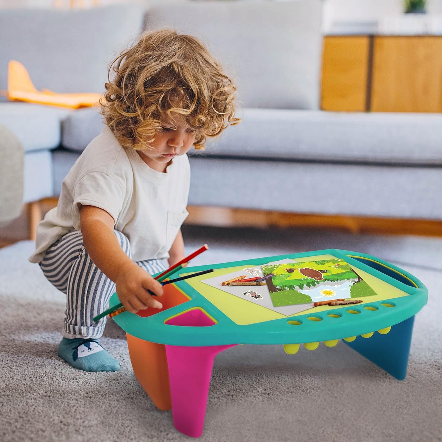 B. toys – Imagination Station – Creative Kids Lap Desk – Lap Desk for Art, Coloring, Writing – Portable Table with Storage Space – Reusable Sticker Set – 3+ Years