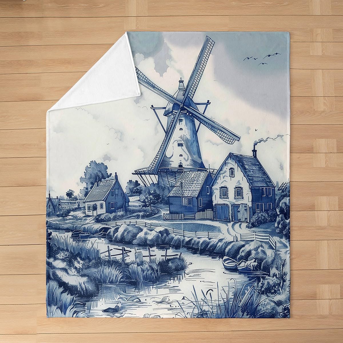 Erosebridal Vintage Dutch Windmill Flannel Blanket Throw 50x60 Delft Blue Farm Throw Blankets Rustic Farmhouse Blanket