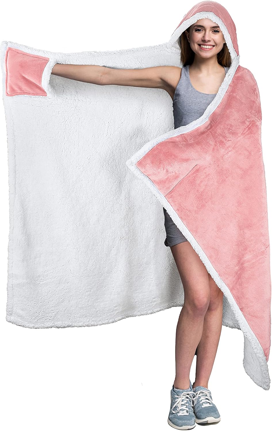 Tirrinia Hooded Blanket Wearable Cuddle Throw Warm Cozy Sherpa Lining 47’x73’/ Sherpa Throw Blanket/Solid Flannel