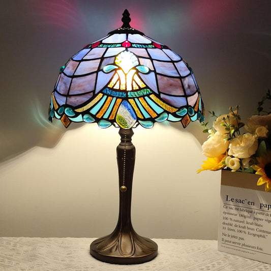 Tiffany Table Lamp Purple Baroque Style Stained Glass Lamp 3 Color Temperature 12 Inch Antique Desk Light Handcrafted Light for Bedroom Living Room Home, Included LED Bulb