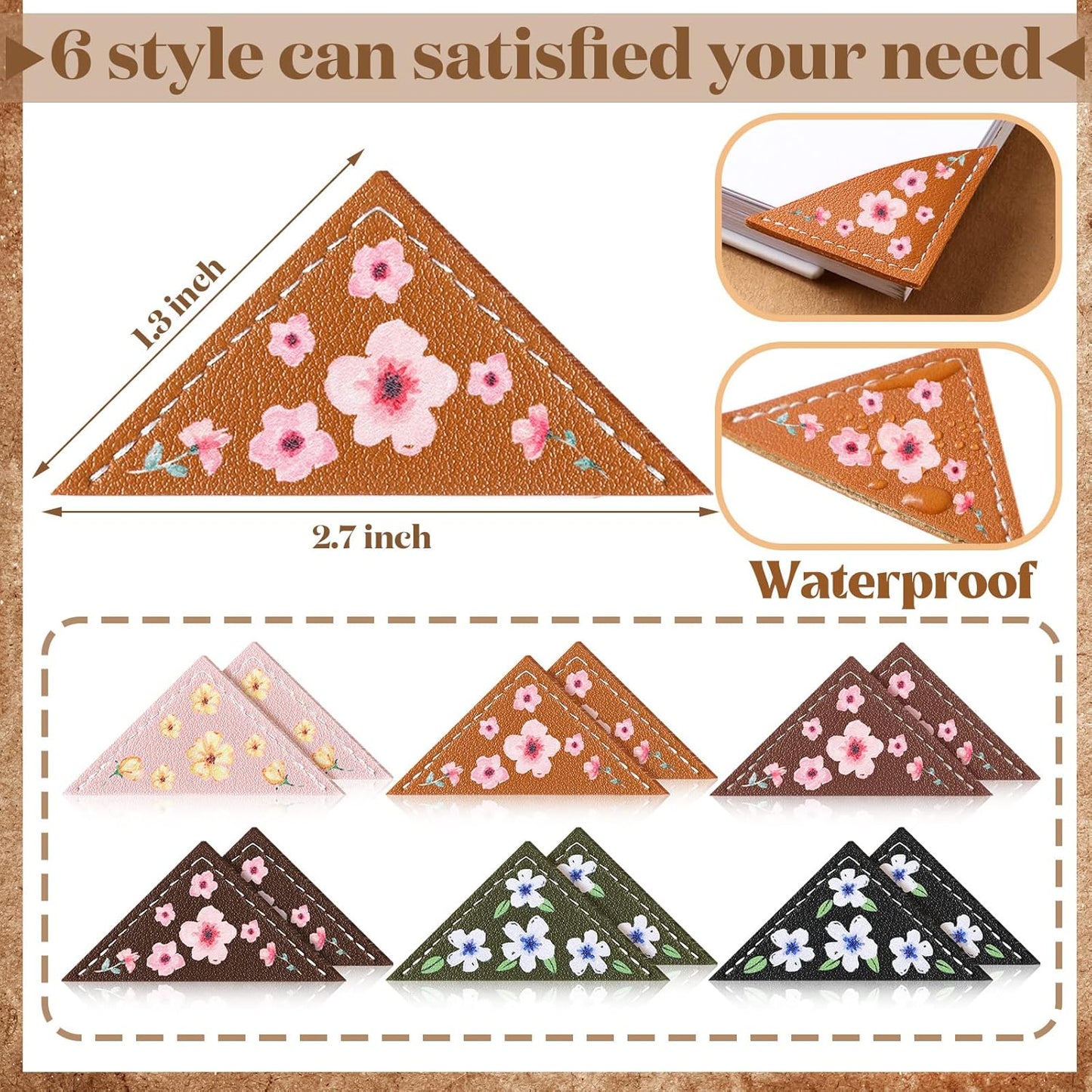 12 Leather Corner Bookmark Book Club Gifts for Women Accessories for Reading Books Lover Cute Book Reading Gifts Lovers Floral Print Triangle Bookmark(Flower)