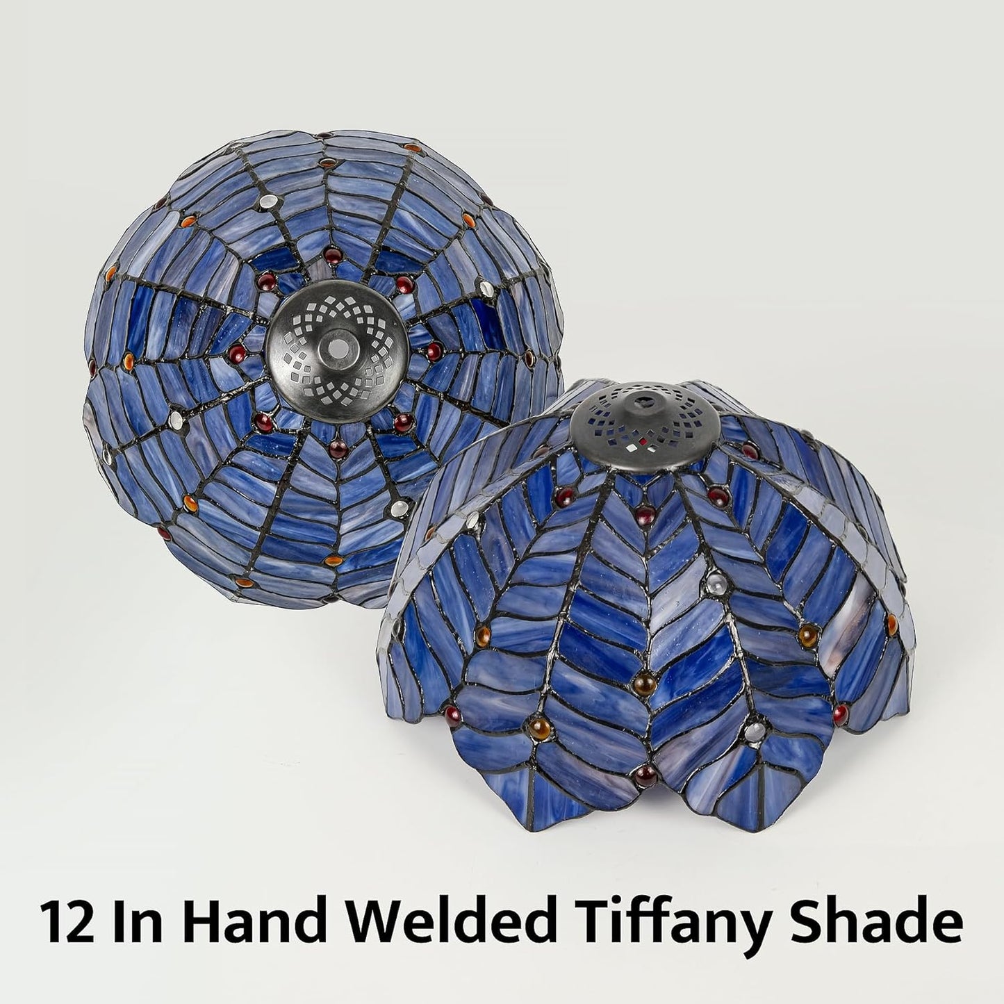 Tiffany Style Lamp, Blue Purple Stained Glass Coconut Leaf Table Lamp, Vintage Accent Reading Light Decor Bedroom Living Room Home Office W12H19 Inch