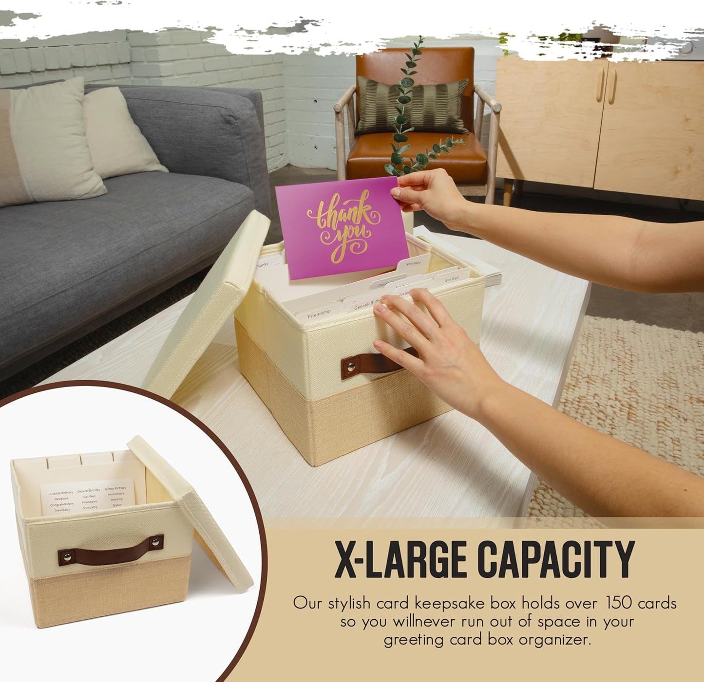 Greeting Card Organizer Box with 15 Dividers | Holds 150+ and Collapses When not in Use | Stylish Greeting Card Storage Box Organizer