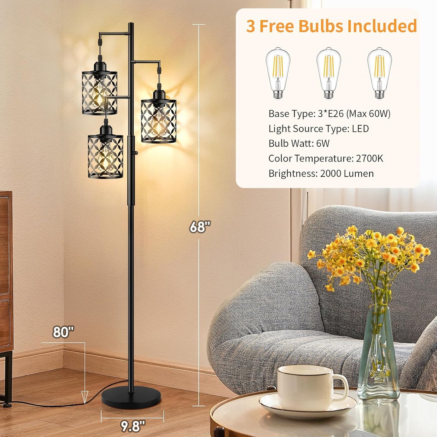 68" Dimmable Floor Lamp, Farmhouse Standing Lamp with Elegant Metal Cage, Industrial Tall Tree Floor Lamps for Living Room, Bedroom, Study Room, Office (2000LM LED Bulbs Included) - Black