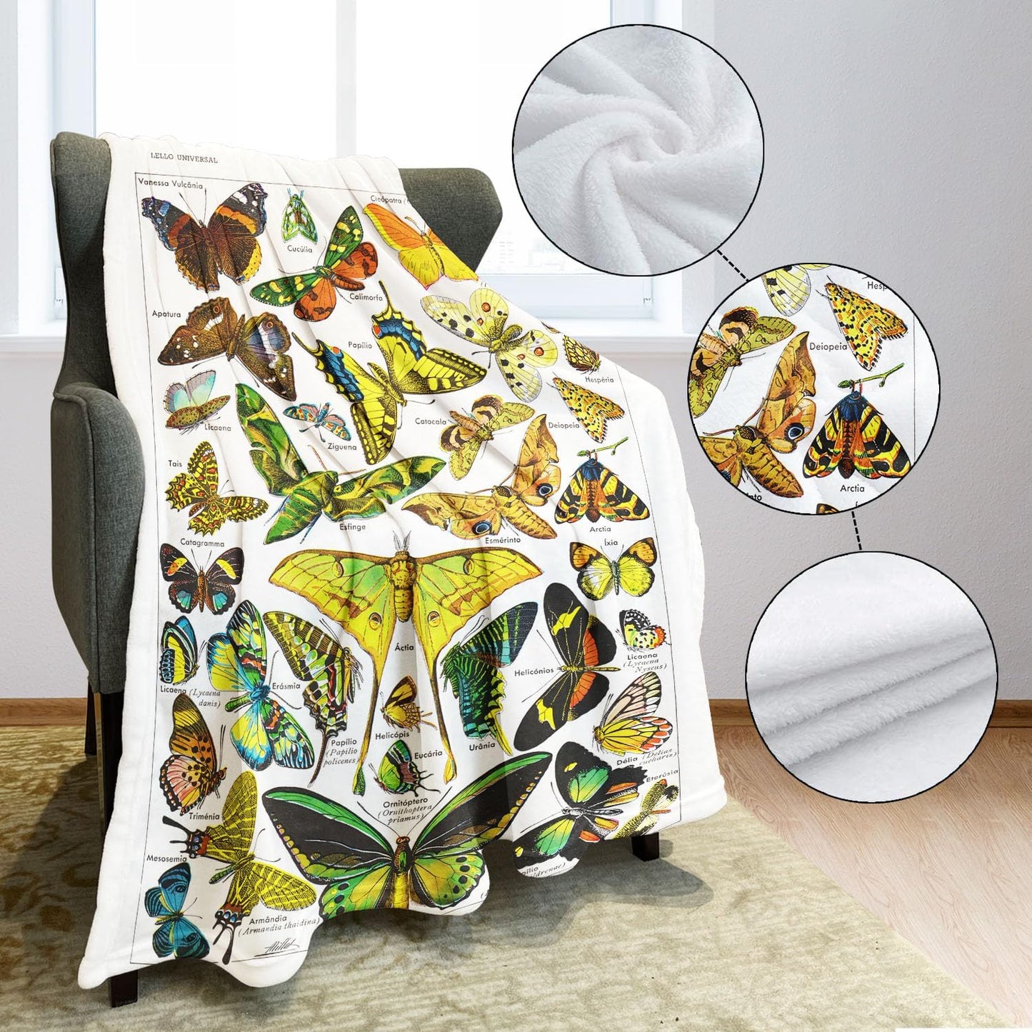 SXCHEN Butterflies Throw Blanket 60" x 80" Plush Blankets for Couch Sofa Bed,Soft Cozy Warm Lightweight Fuzzy Throws with Classic Moths Species Introduction Gift for Gardeners and Entomologists