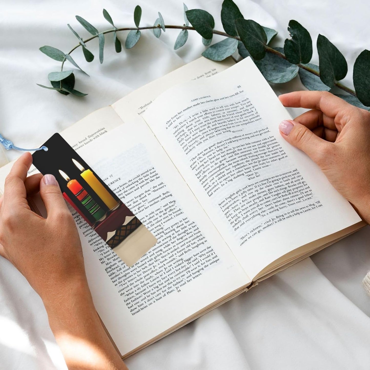 Kwanzaa Candles Metal Bookmarks Handmade Double-Sided Printed Book Marks Page Markers with Sky Blue Tassels Book Accessories Gift for Book Lovers Women Men