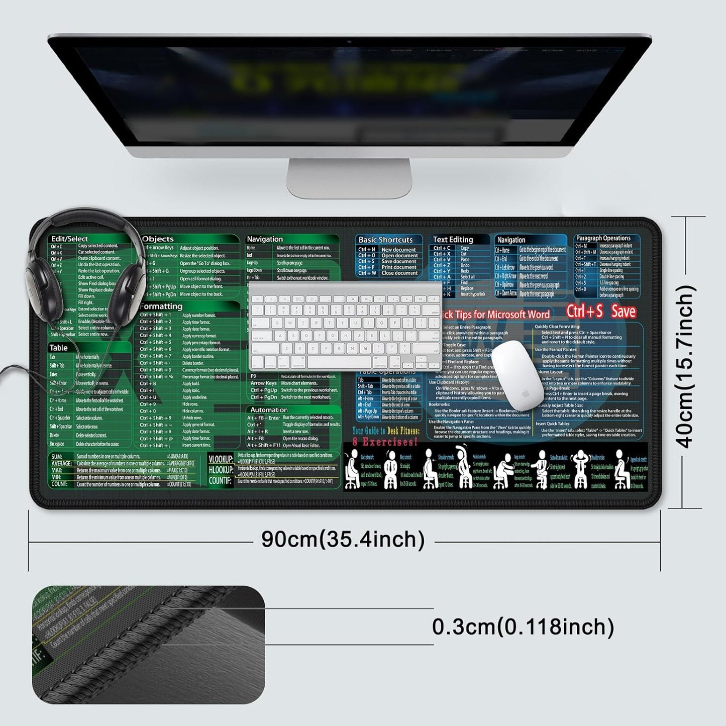 secret corner excel&Word Cheat Sheet Mousepad,XXL 35.4"x15.7" Office Desk Accessories mat, Computer Mouse pad,Extra Large Office Keyboard Shortcuts Mouse Pad,PC Gaming Non-Slip Desk pad