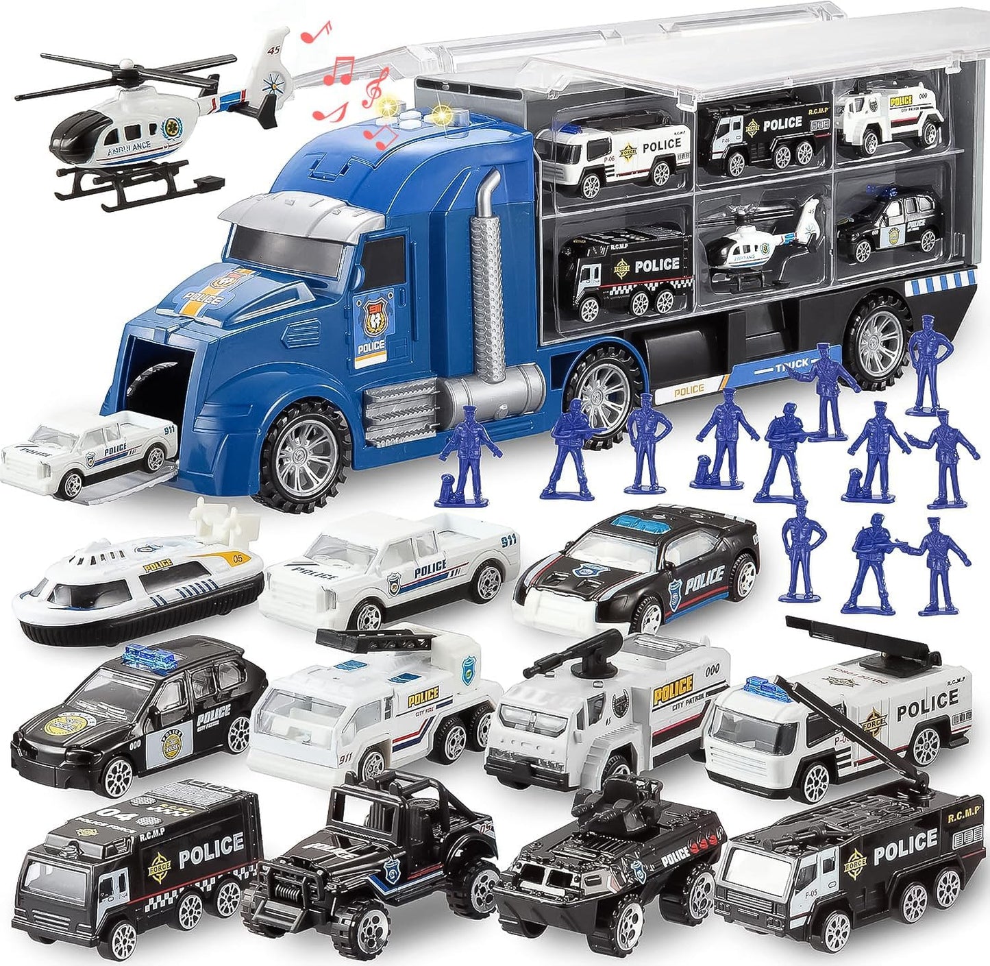 JOYIN 25 in 1 Police Rescue Truck Car Toy Set with Sounds and Lights, Mini Vehicles in Carrier Truck, Play Police Patrol Rescue Vehicle Toy, Birthday Gifts for Over 3 Years Old Boys, Easter Basket