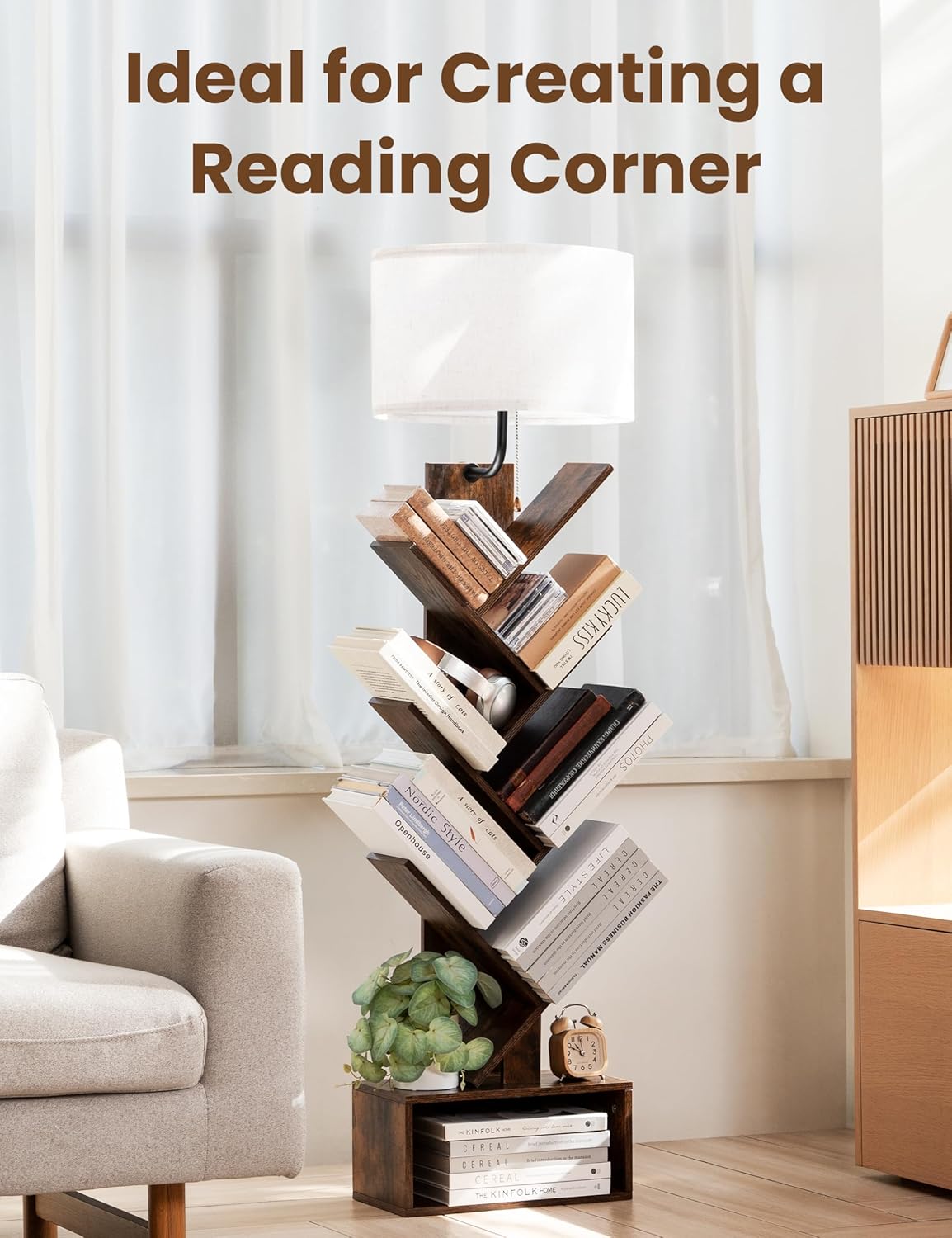 6 Tier Tree Bookshelf with Light, Corner Tall Narrow Bookshelf, Small Bookcase with Storage Cabinet,Floor Standing Bookshelves Organizer for Bedroom/Living Room/Home Office, Rustic Brown