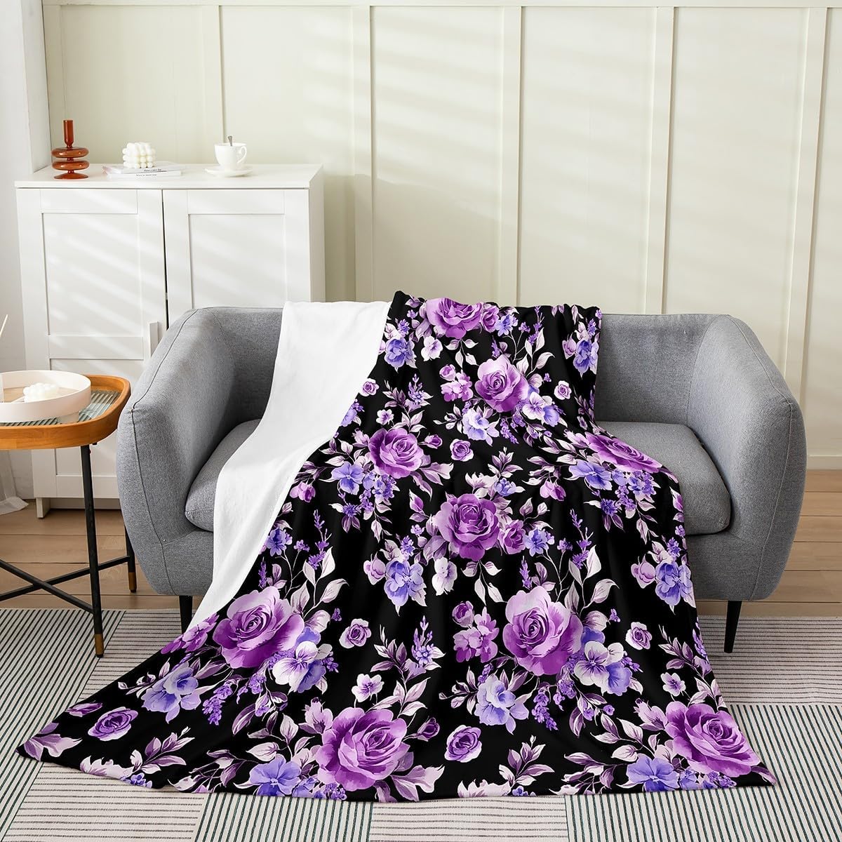 Erosebridal Rose Throw Blanket Twin, Exotic Purple Flower Floral Fleece Blanket for Bedroom Decor, Watercolor Botanical Flannel Blanket, Vintage Garden Leaf Fuzzy Blanket, Soft