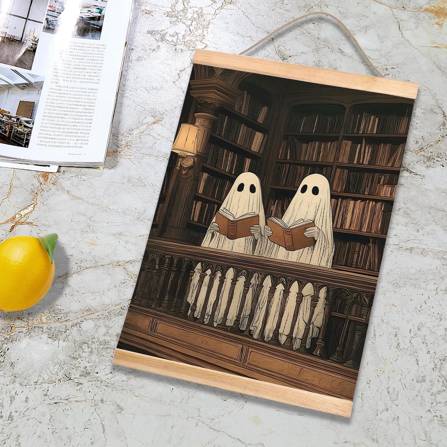 HEYJEEPER Cozy Ghost Wall Art, Reading Ghost Poster, Bookish Aesthetic Artwork Wall Hanging Decor for Library, Bedroom, Living Room, Calm Literary Home Decor,Bookworm Gift 14x18.5Inch(Colorful - Ghost04)