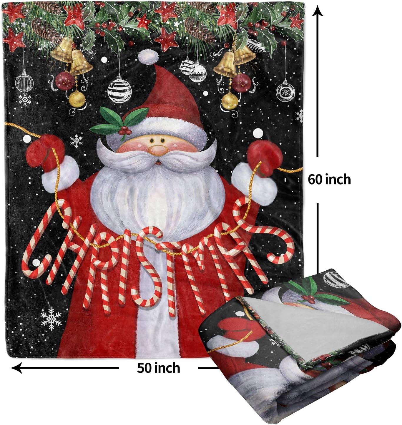 Christmas Flannel Throw Blanket 60x50 Inch – Cozy Snowflake Bell Holiday Themed Red Black Soft Double-Sided Fleece for Couch Sofa Winter Festive Bedroom Living Room Decor