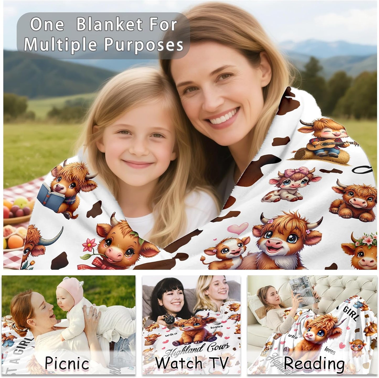Highland Cow Blanket Gifts for Women Girls Ultra Soft Flannel Highland Cow Print Throw Blanket Cows Lovers Gifts Birthday Decor for Kids Adults Stuff 50"x40"