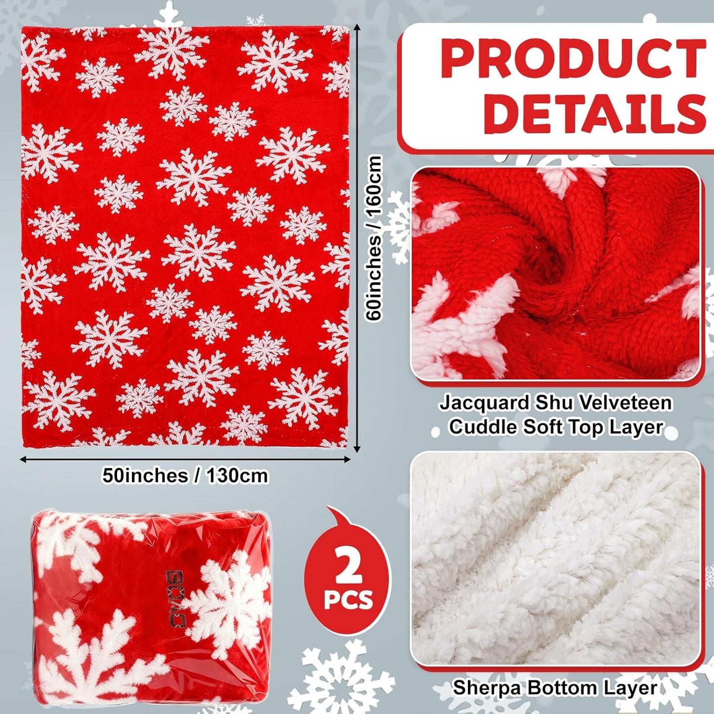 Boao 2 Pcs Red Winter Blanket 50" x 60" Soft Red Snowflake Flannel Fleece Plush Microfiber Throw Blanket for Couch Fluffy Fuzzy Winter Decor Gift for Women Men