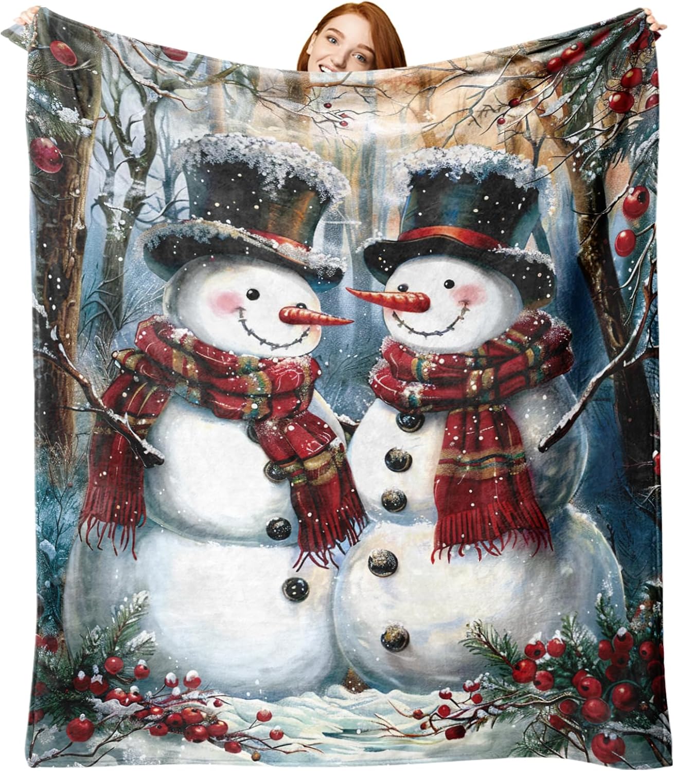 Winter Snowman Flannel Throw Blanket, for Kids Men Women, Forest Red Berry Soft Blankets for Bedding Sofa 50 x 60 Inches