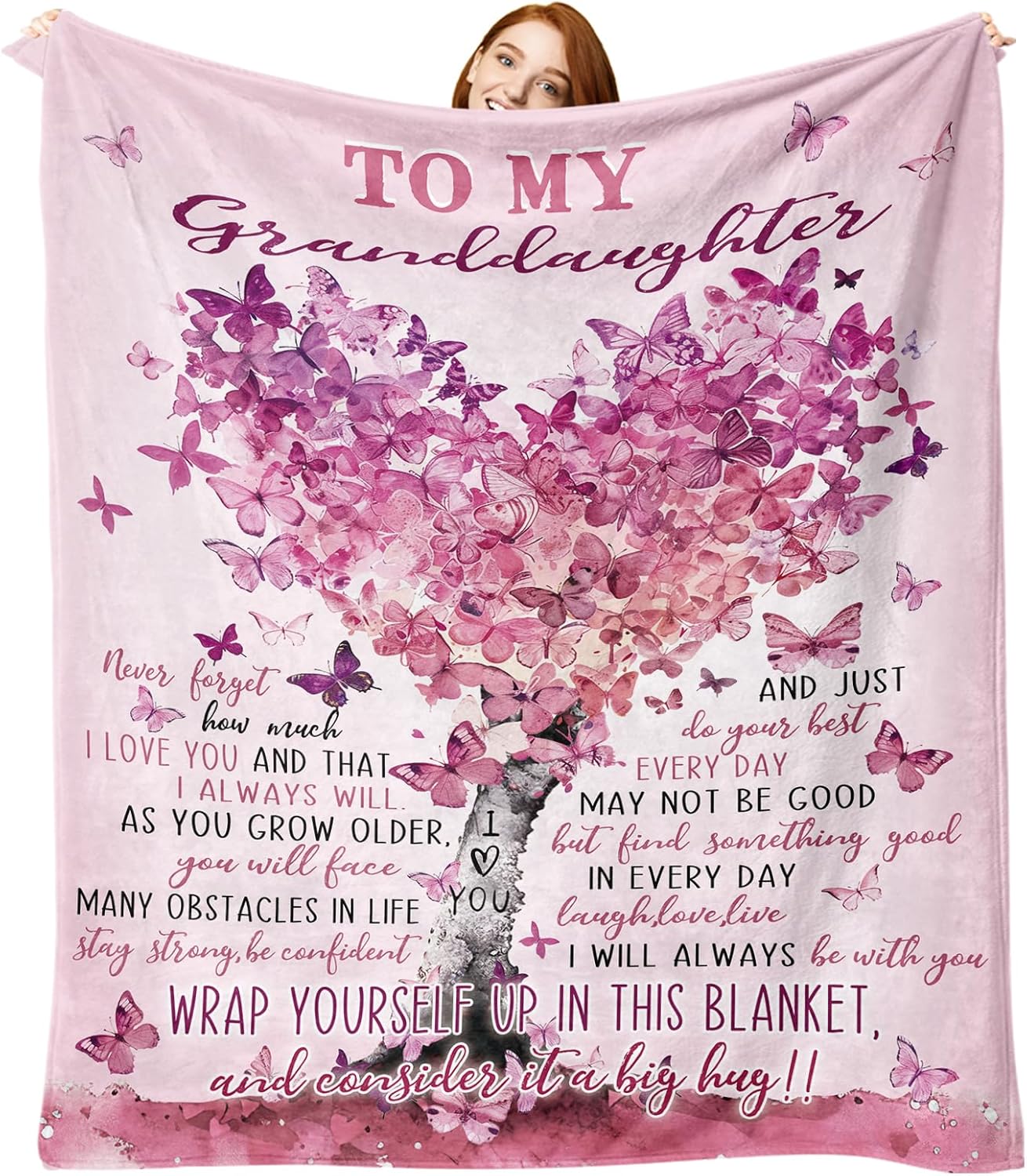 Gifts for Granddaughter from Grandma Grandpa Flannel Throw Blanket, To My Granddaughter Birthday Christmas Graduation Gift Ideas, Pink Love Heart Tree Blanket Present for Girls Teen 50'' x 60''
