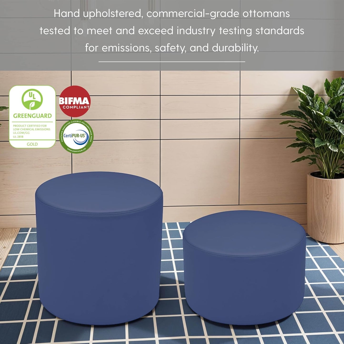Factory Direct Partners FDP Pro Series 18" Round Accent Ottoman (18" Height); Hand Upholstered Commercial Furniture for Hotel Lobby, Office, Restaurant and More; Seating, Footstool, Table Use - Navy