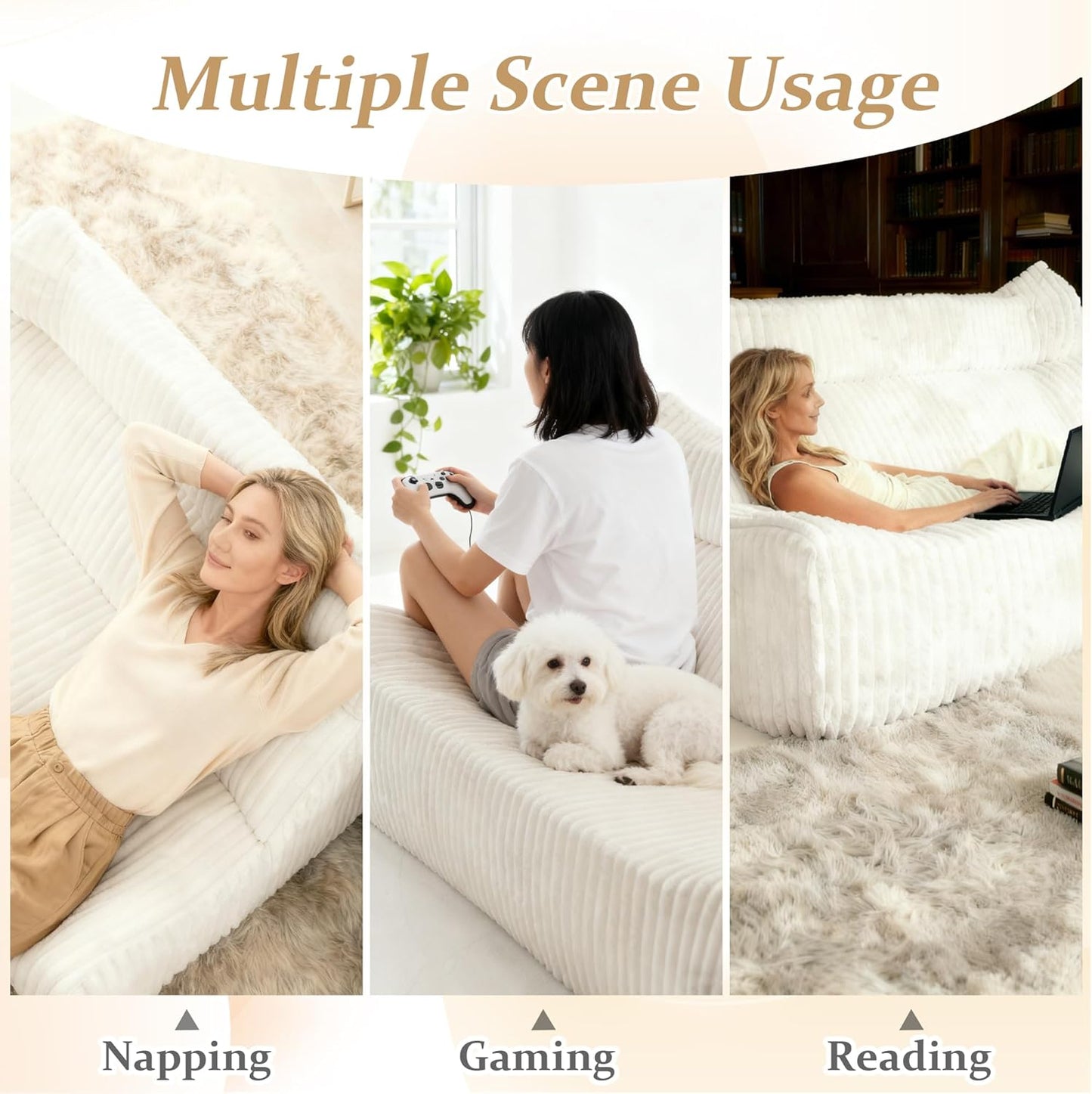 Bean Bag Chairs for Adults, Giant Bean Bag Chair, Memory Foam Lounge Chair, Comfy Lazy Floor Chair, Bean Bag Sofa for Living Room, Bedroom and Office, Loveseat Bean Bag (White)