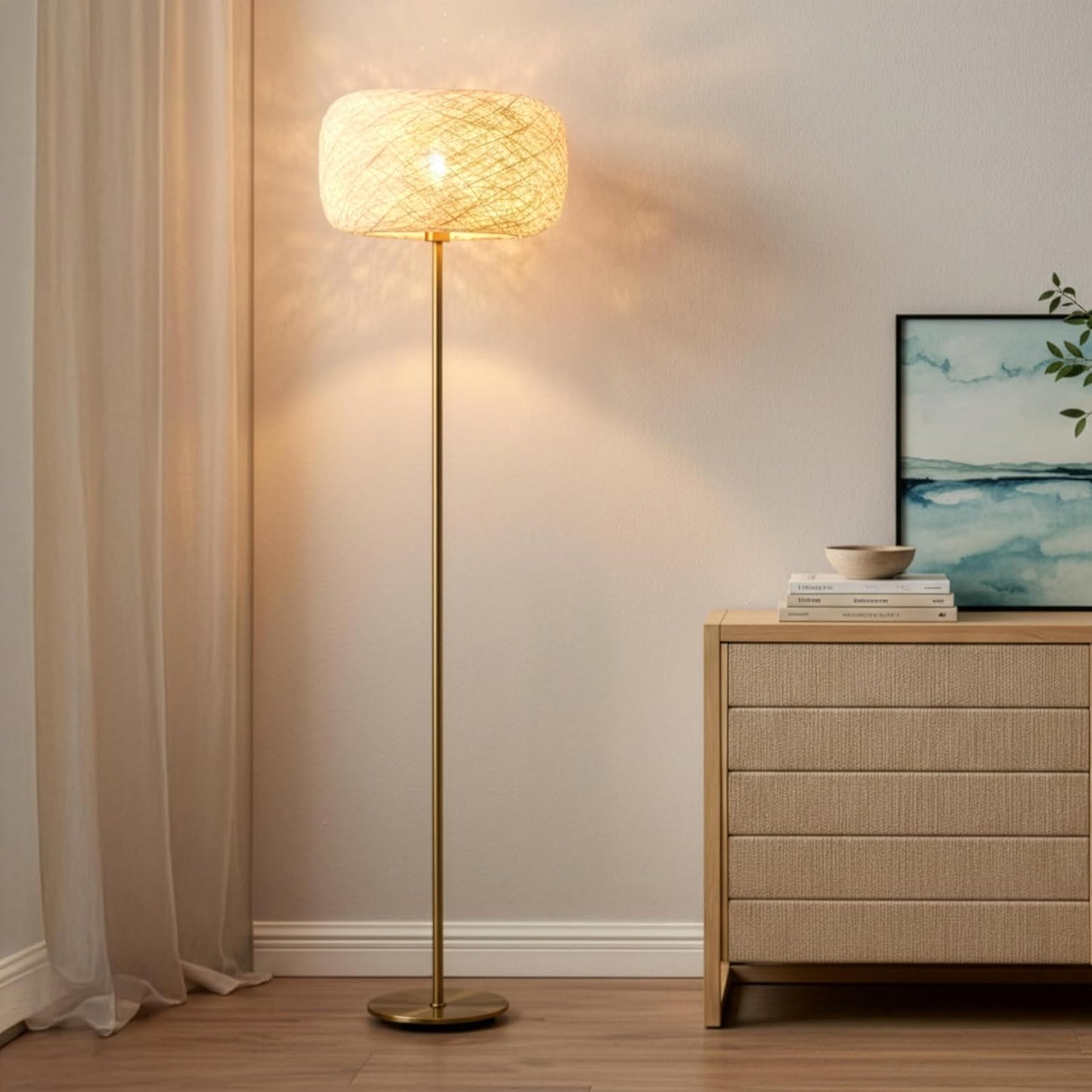 Brightech Rowan Elegant Floor Lamp – Modern Unique Thread Shade Matches Boho, and Mid-Century Décor – Free Standing LED Light for Living Rooms and Bedrooms – Tall Indoor Lamp Gets Compliments - Brass