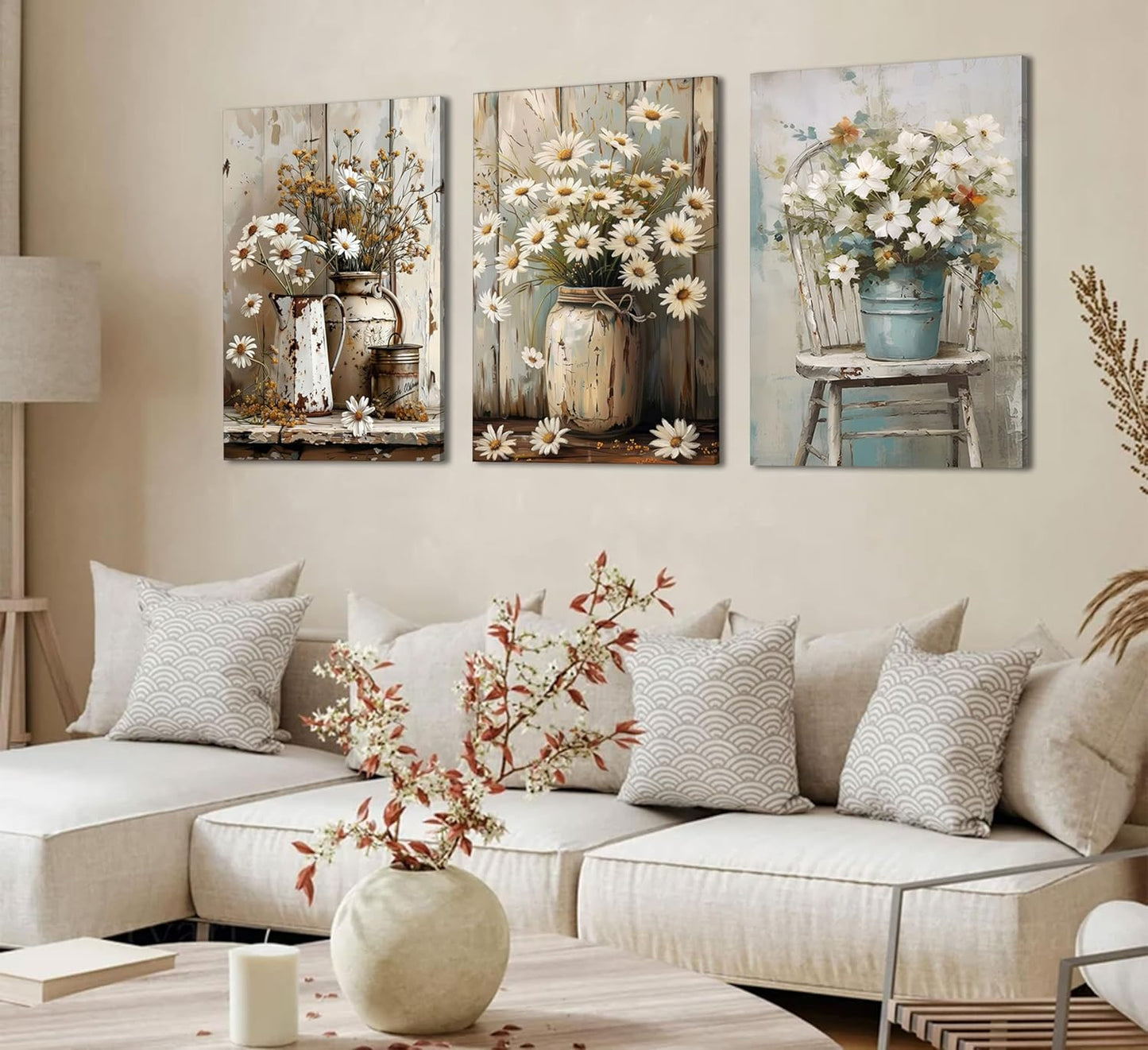 3Pcs Rustic Farmhouse Floral Canvas Wall Art Elegant White Daisy Poster Prints Vintage Country Floral Picture Wood Grain Painting Artwork Pastoral Wall Decor for Bedroom Living Room 16x24in Framed