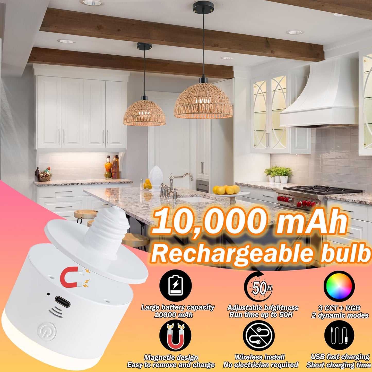 Battery Operated Pendant Light with Remote,Battery Ceiling Lights No Wiring,Battery Chandelier with RGB Rechargable Light Bulbs 50hrs Battery Life,2 Pack Rattan Boho Hanging Light for Kitchen Island