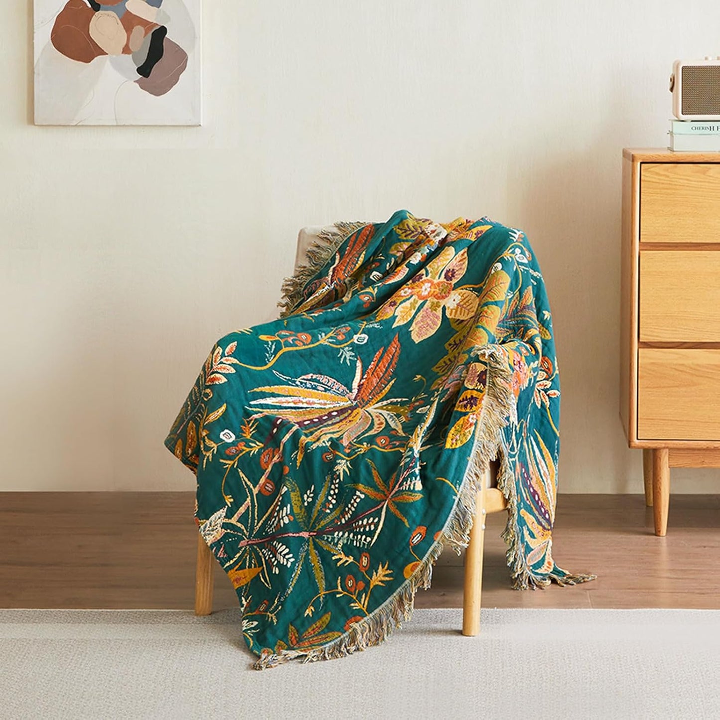 Boho Throw Blanket - 60"x80" Soft Cotton Throw Blanket Muslin Blankets for Bed, Reversible Lightweight Spring Blanket with Floral Printed, All Season Farmhouse Decor Rustic Blanket