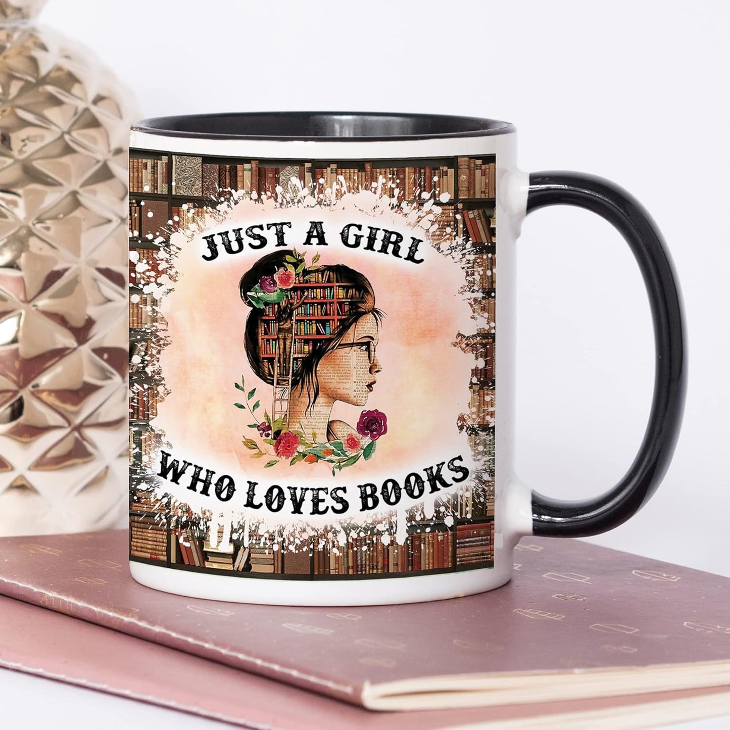YouNique Designs Just a Girl Who Loves Books Mug, 11 Ounces, Book Club Cups, Book Lovers Coffee Mug, Librarian Mug, Bookworm Cup, Book Mug, Bookish Items, Reading Mug, Book Nerd Mug (Black Handle)