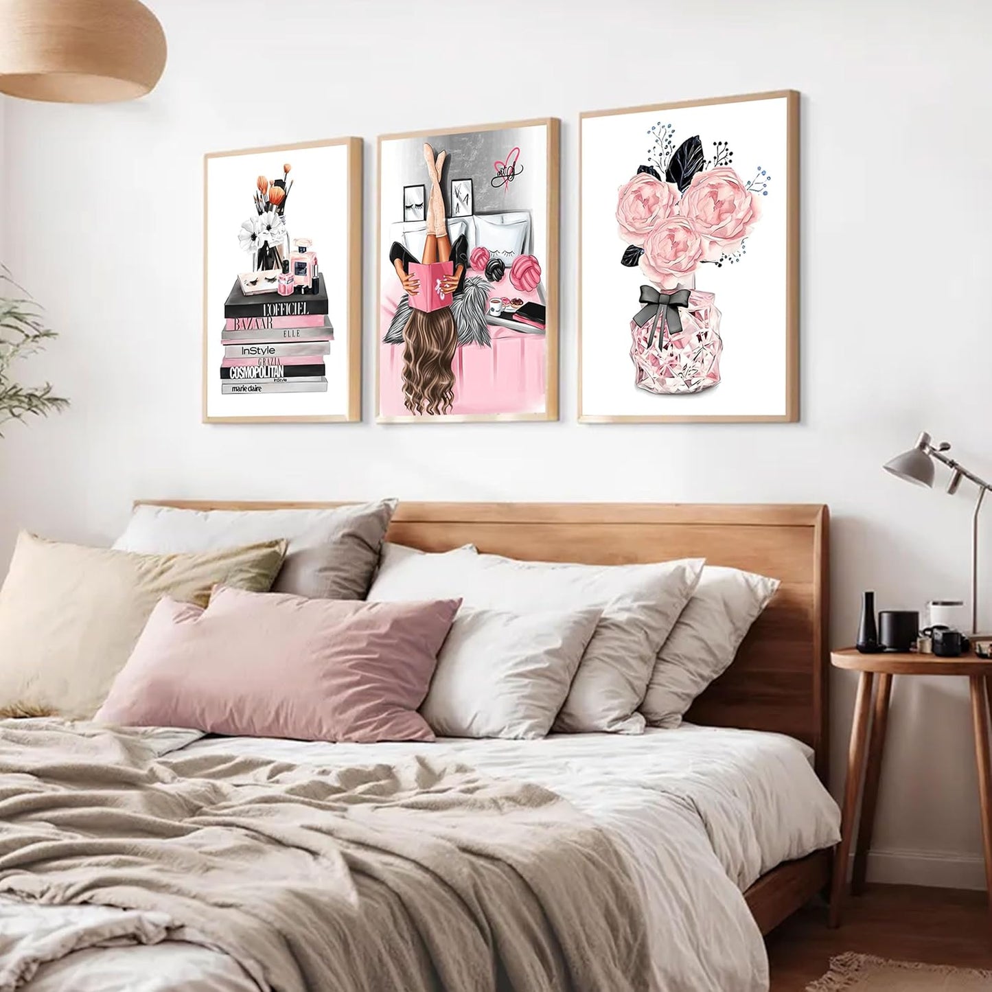 3Pcs Pink Trendy Girls Canvas Wall Art Pictures Fashion Girl Reading Book Posters Print Stylish Delicate Bathroom Bedroom Makeup Room Beauty Room Wall Decor 16x24in Unframed