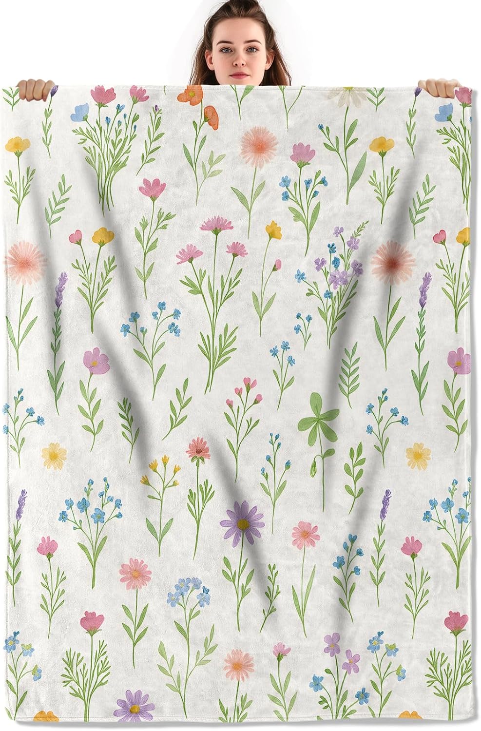Colorful Wildflower Floral Throw Blanket, Lightweight Warm Watercolor Botanical Flannel Blanket, Flower Home Decor and Gifts, Soft Cozy Blankets for Women Mom Girls, 50"x60" for Bed Couch Travel