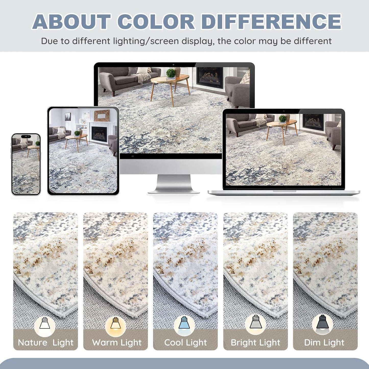 Area Rug Living Room Rugs - 5x8 Abstract Large Soft Indoor Washable Rug Neutral Modern Low Pile Carpet for Bedroom Dining Room Farmhouse Home Office - Beige Blue