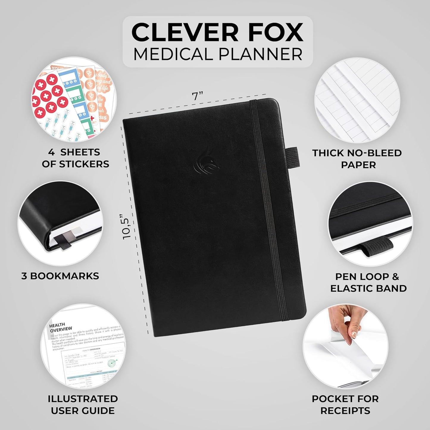 Clever Fox Large Medical Planner 12-Month – Medical Notebook, Health Diary, Wellness Journal to Track Health – 12 Months, 7x10.5″ (Black)