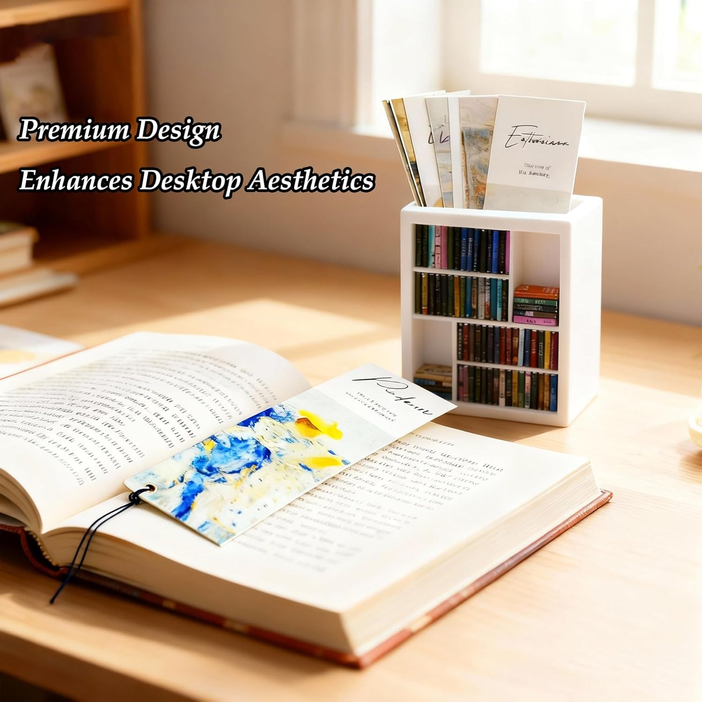 Bookmark Holder Mini Bookshelf for Book Lovers, Decorative Bookmark Display with 100 Mini Books, Small Anxiety Bookshelf, Bookish Gifts and Bookish Items for Reading Nooks (White)
