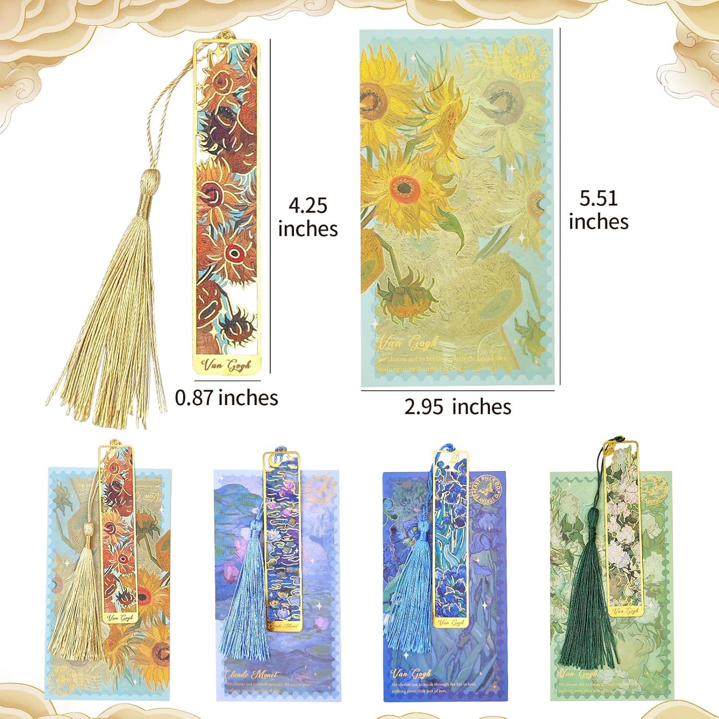 4 Piece Metal Bookmark Set, Vintage Van Gogh & Monet Oil Painting Theme with Tassels, Hollow Floral Design Aesthetic Reading Accessories for Women, Book Lovers Gifts for Readers
