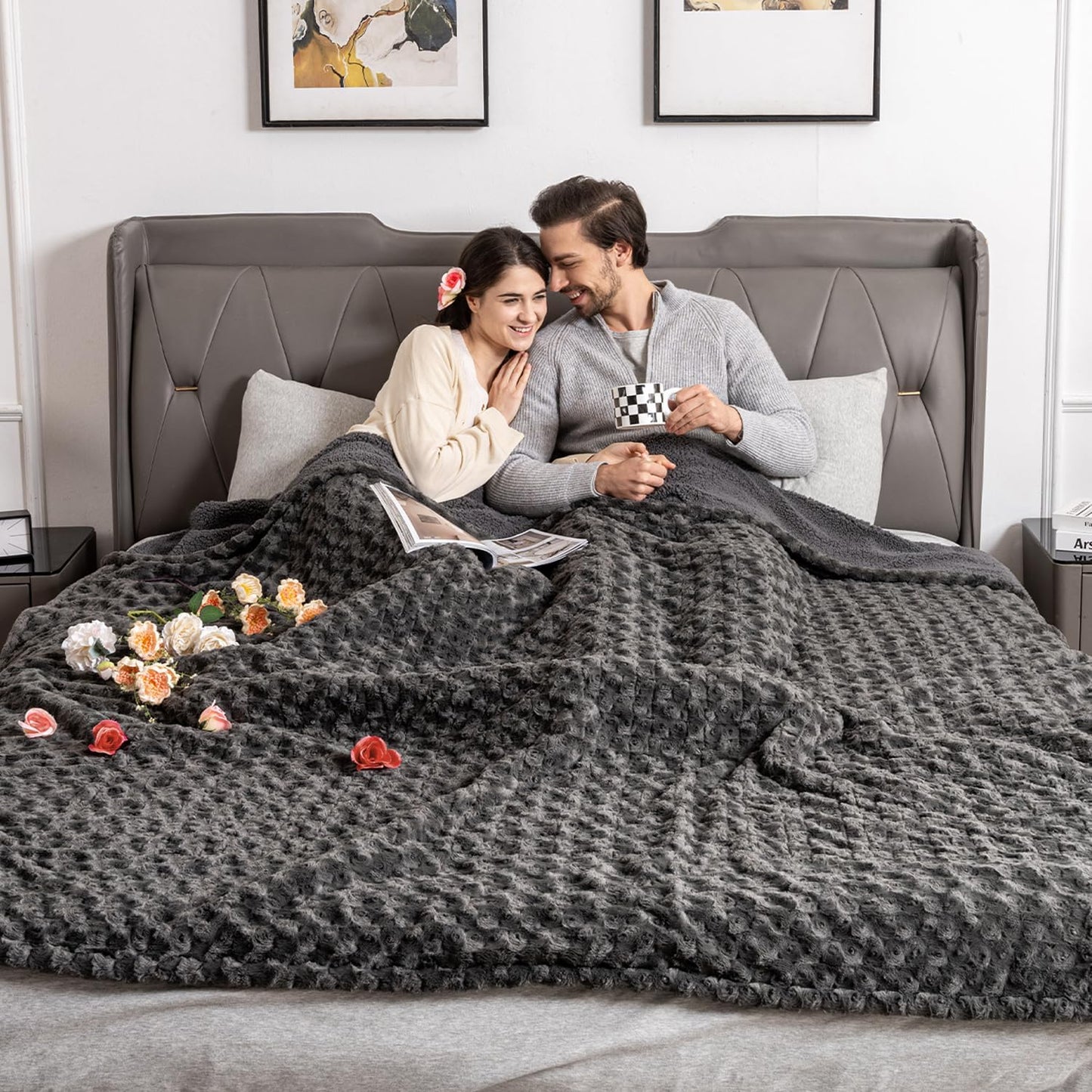 WOOMER Heated Blanket Queen Size 84" x 90", Electric Blanket with Dual Controls, 0.5-12 Hours Timer & 10 Heating Levels, ETL Certified, Dark Grey Rose Patterns Faux Fur & Sherpa, Machine Washable