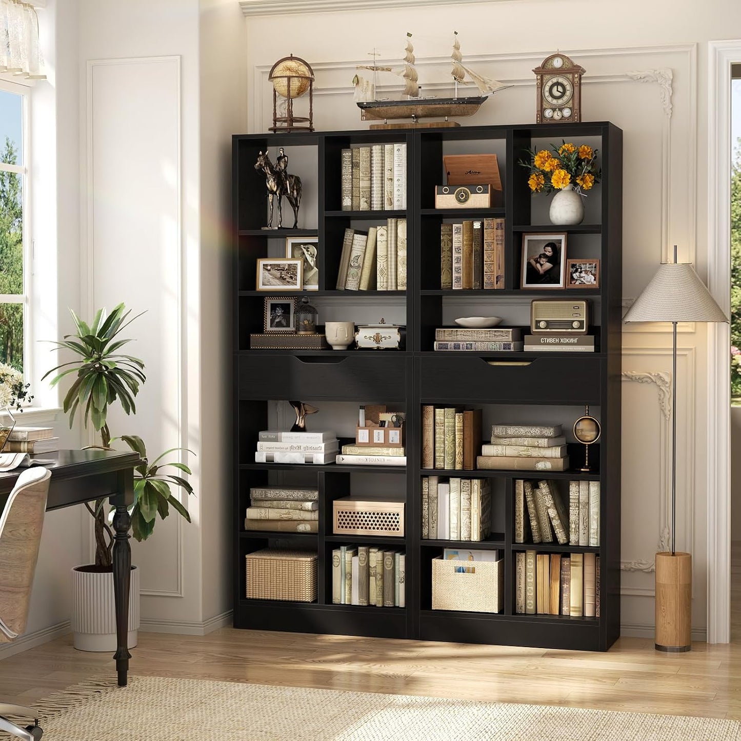 Armocity 8-Tier Tall Bookshelf with Drawer, 73.6" Narrow Freestanding Bookcase, Space-Saving Wood Display Shelves Storage for Living Room, Home Office Bedroom, Black