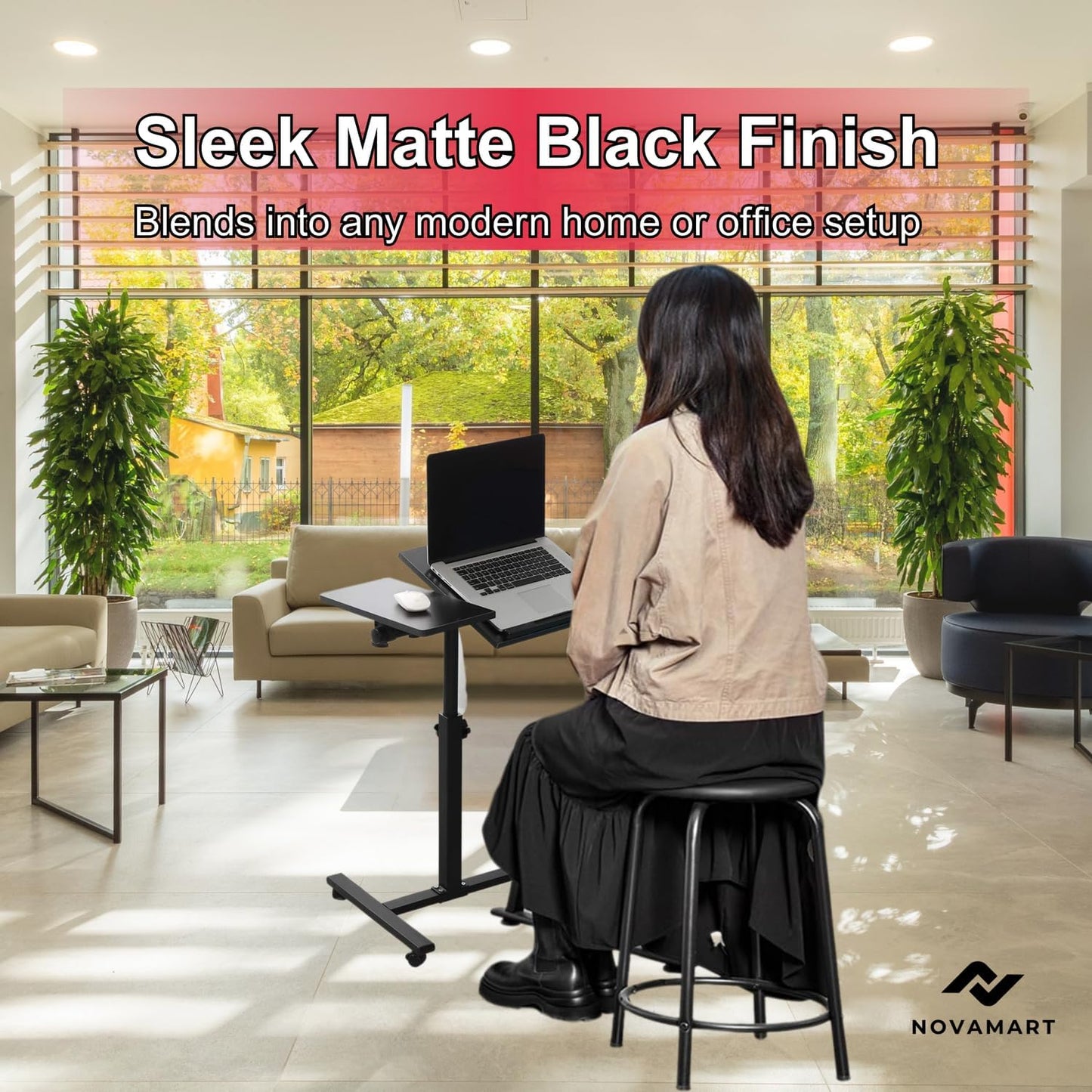 Work from Home Working Station – Height Adjustable Laptop Desk (58–90cm) with MDF Tabletop & Steel Frame | Rolling Mobile Desk for Home Office, Study, or Small Spaces – Black
