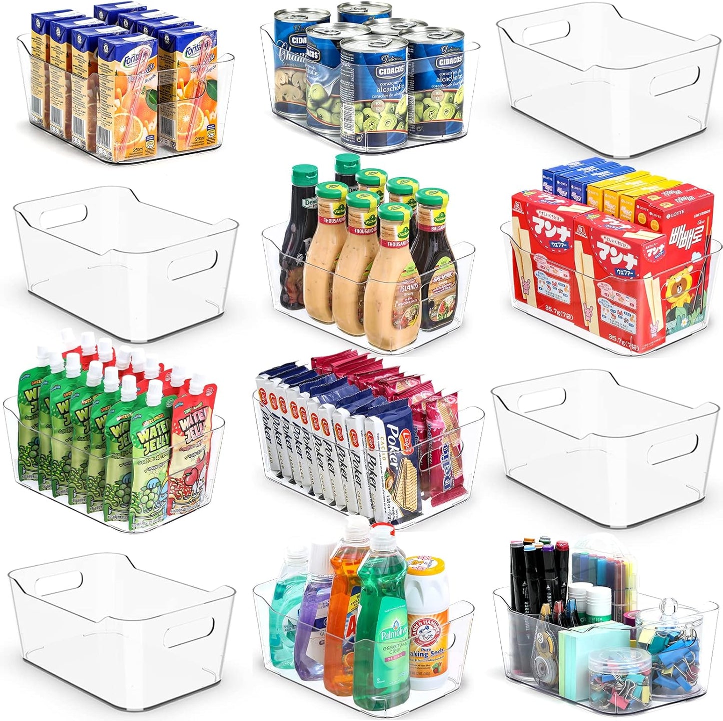 12 PACK Multi-Use Clear Plastic Storage Bins for Organizing w/ Labels - Home, Kitchen, Bathroom, Office, Pantry Cabinet Shelf Organizer Bins - SOHO Collection, RV, Fridge Organization Containers