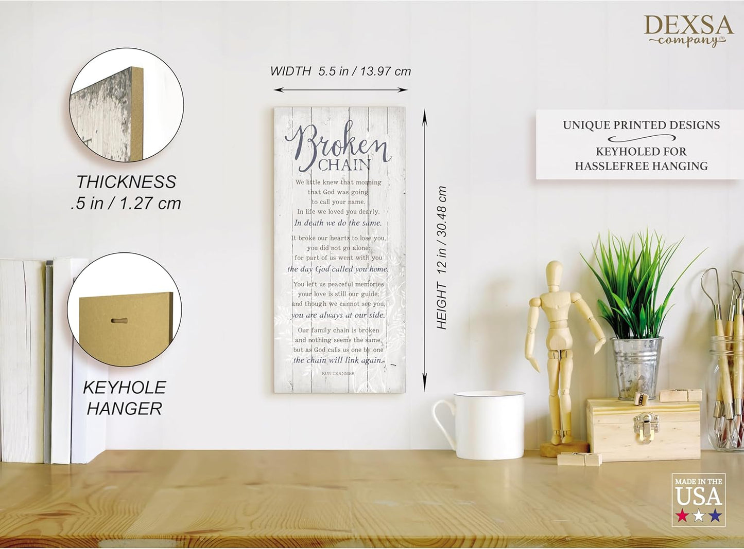 DEXSA Broken Chain Wood Plaque - Made in the USA - 5.5"x12" - Classy Frame Wall Hanging Decoration | We little knew that morning that God was going to call your name | Christian Family Home Decor Saying