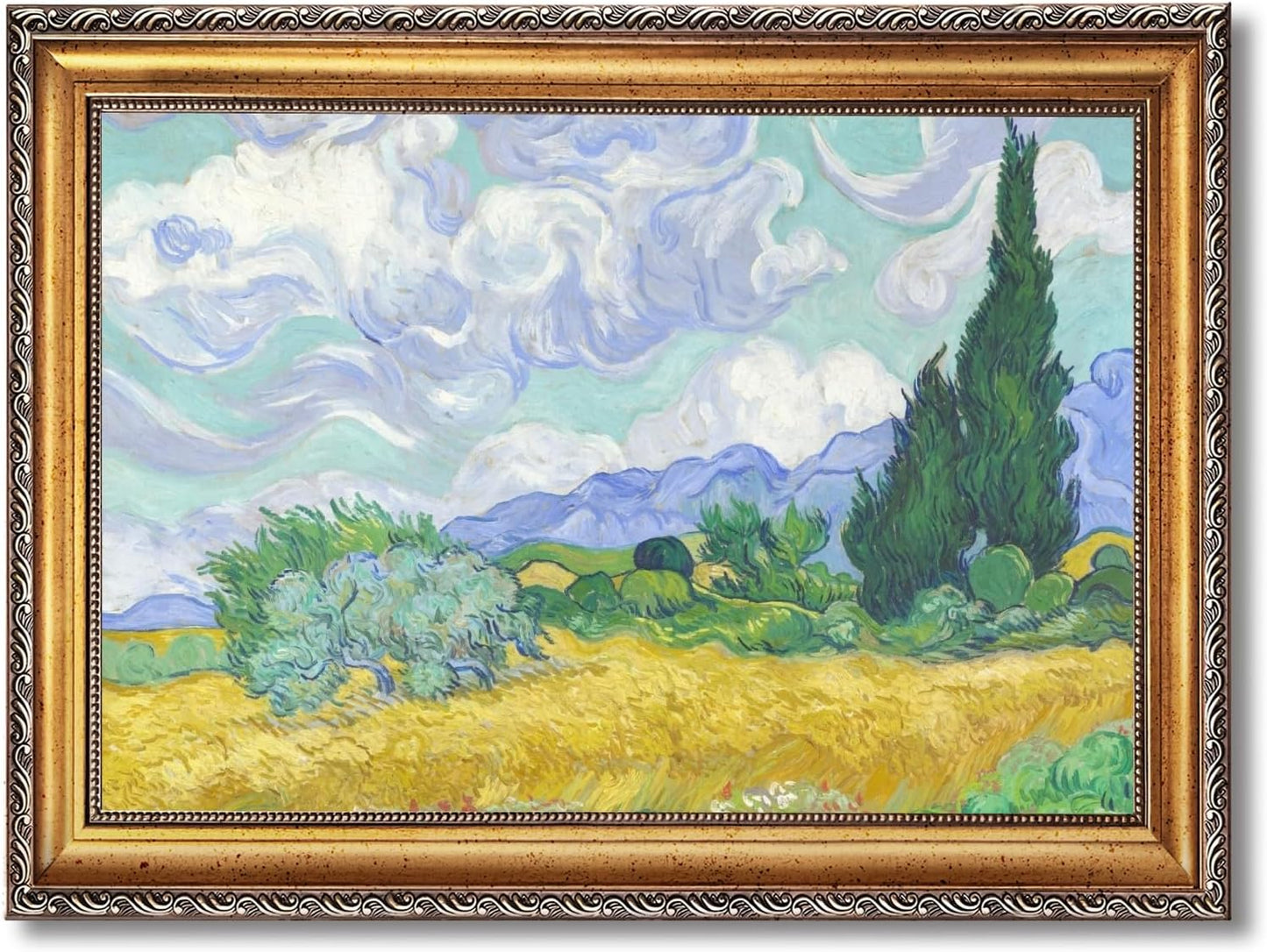 Gold Framed Wheat Field with Cypresses by Vincent Van Gogh Canvas Wall Art Classic Flower Oil Painting Reproduction Poster Famous Artwork Landscape Painting Pictures for Home Decor 12x16inch