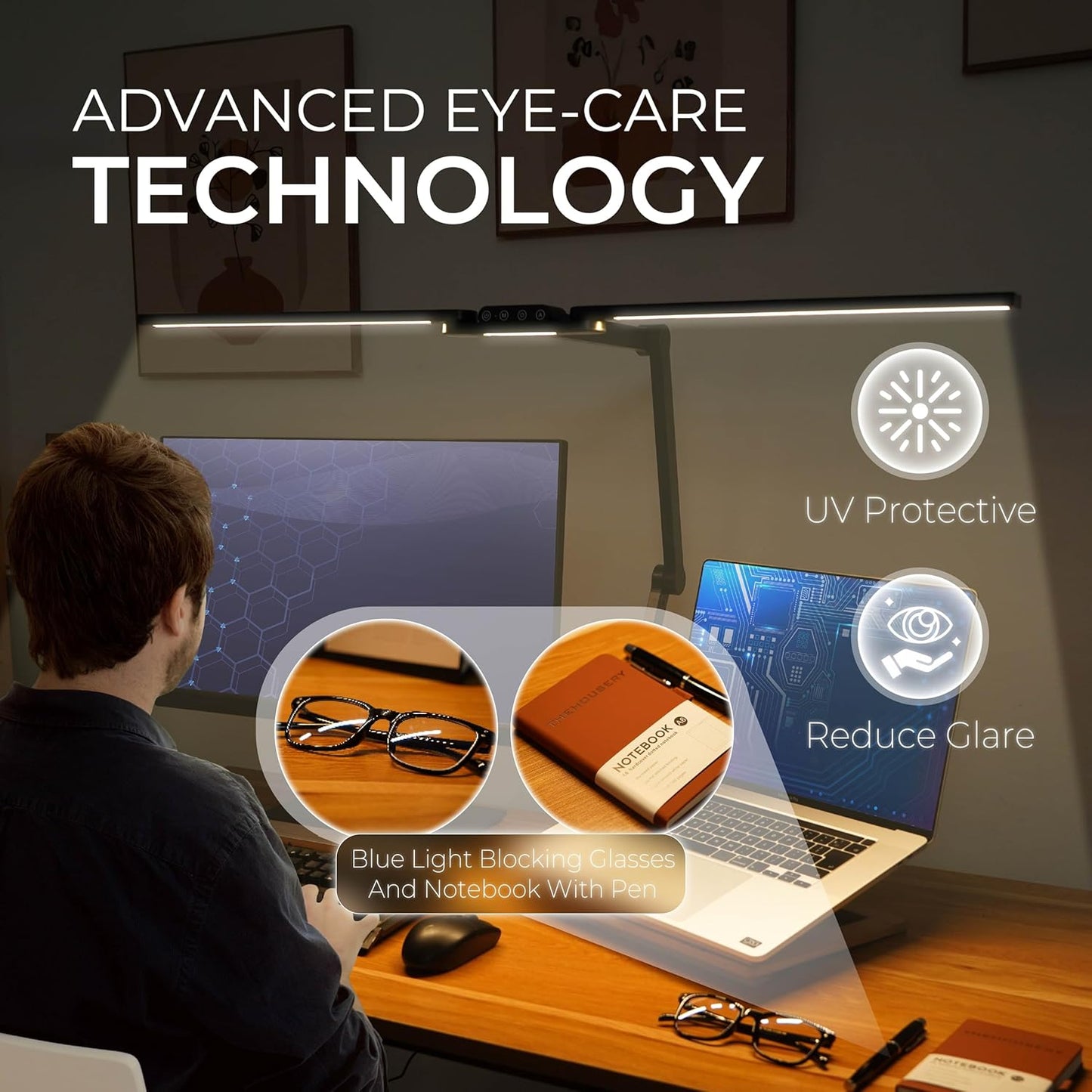 LED Desk Lamp, Anti Eyestrain with Blue Light Blocking Glasses Included, 3000K-6500K with Clamp, Architect Style Swing Arm, Wide Monitor Computer Light for Home Office Gift
