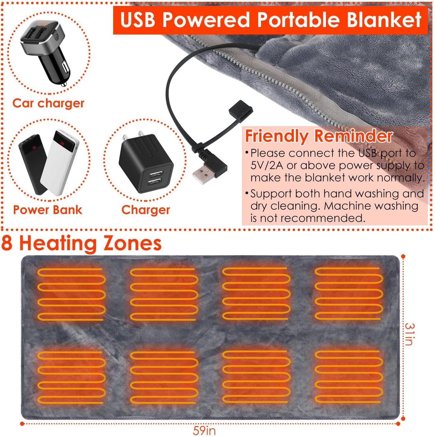 iMounTEK Electric Heated Blanket -59x31 inches USB Heated Blanket Poncho Shawl Wrap Throw with Zipper Poncho Shawl Wrap Throw for Home Office Sofa/Grey