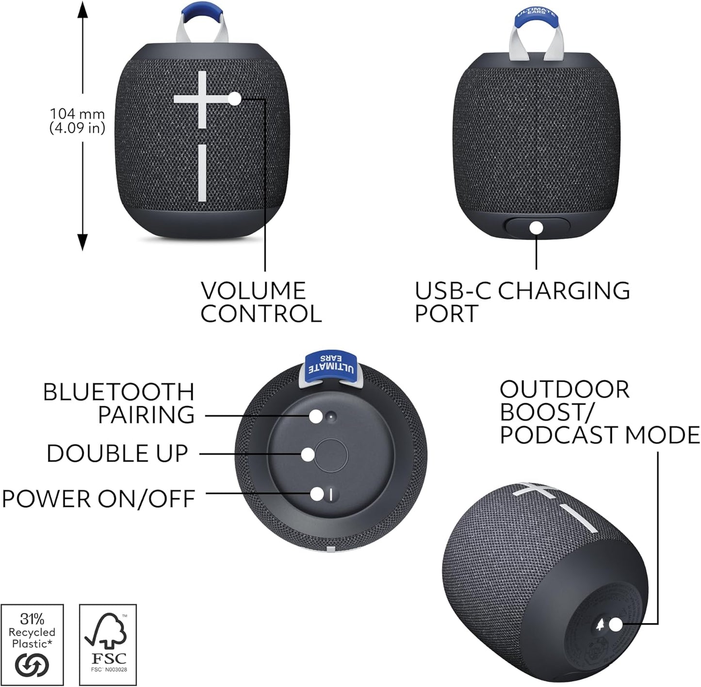 Ultimate Ears WONDERBOOM 4 Portable Waterproof Bluetooth Speaker with Big Bass and 360-Degree Sound, Dustproof Floating Speaker with 131ft (40m) Range- Black